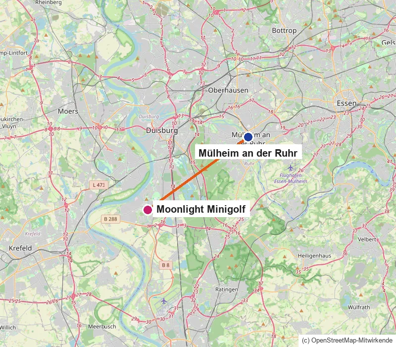 Karte mit Mülheim an der Ruhr und dem Moonlight Minigolf im Süden von Duisburg